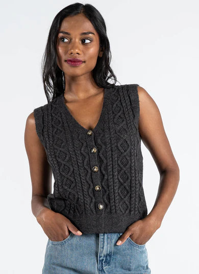 WOMEN'S C'EST MOI BUTTON DOWN CABLE CHARCOAL KNIT VEST