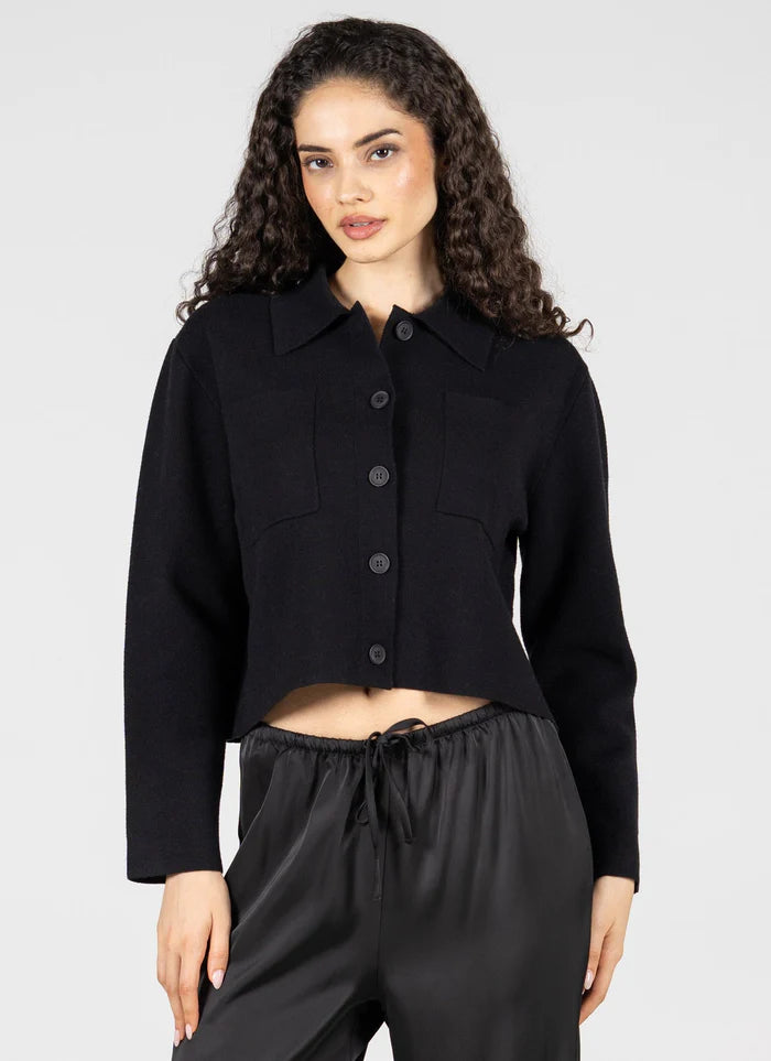 WOMEN'S C'EST MOI KNIT CROP BUTTON BLACK CARDIGAN
