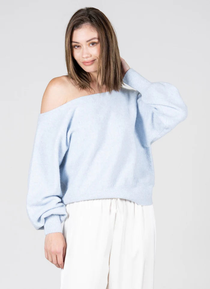 WOMEN'S C'EST MOI DRAPE SHOULDER SKY SWEATER