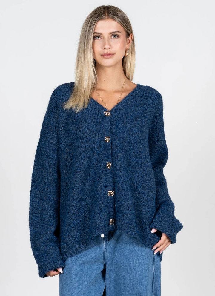 WOMEN'S C'EST MOI OVERSIZED HEATHER NAVY CARDIGAN