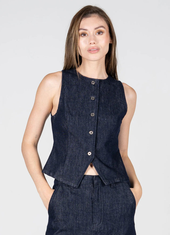 WOMEN'S C'EST MOI SLEEVELESS DARK DENIM VEST