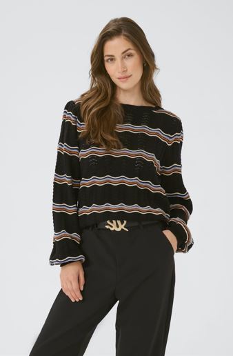 WOMEN'S CREAM WAVY KNIT BLACK WAVY STRIPE PULLOVER
