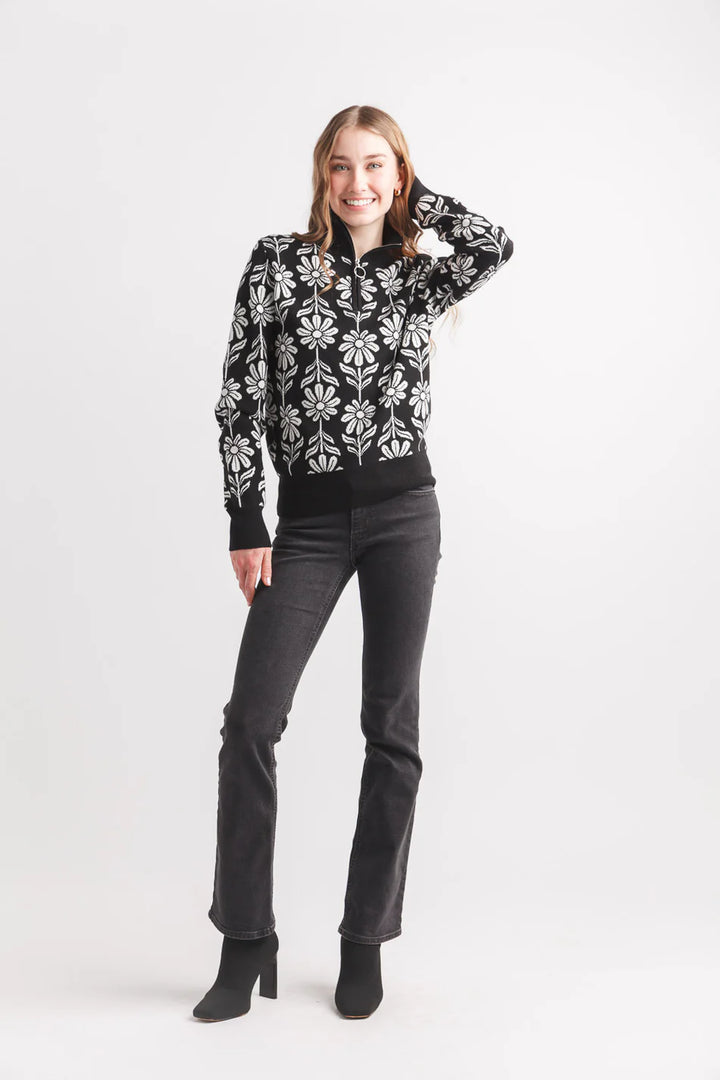 WOMEN'S PAPILLON DAISY INTARSIA BLACK ZIP SWEATER