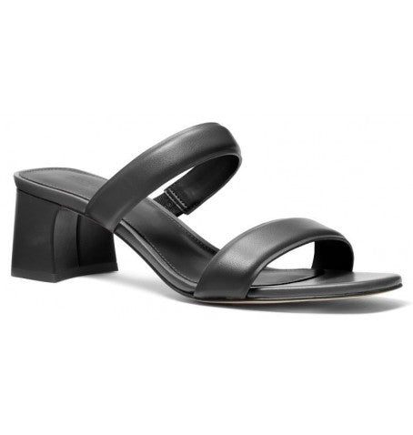 Angled front view of Michael Kors Jules Mid Black Sandal Angled Front