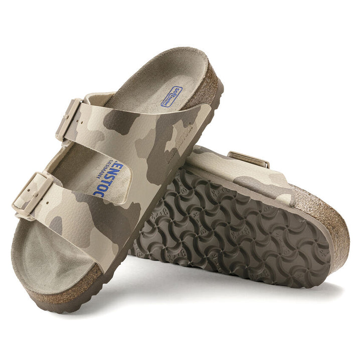 Sole view of a pair of Birkenstock Arizona Desert Soil Grey Taupe Sandal Women 