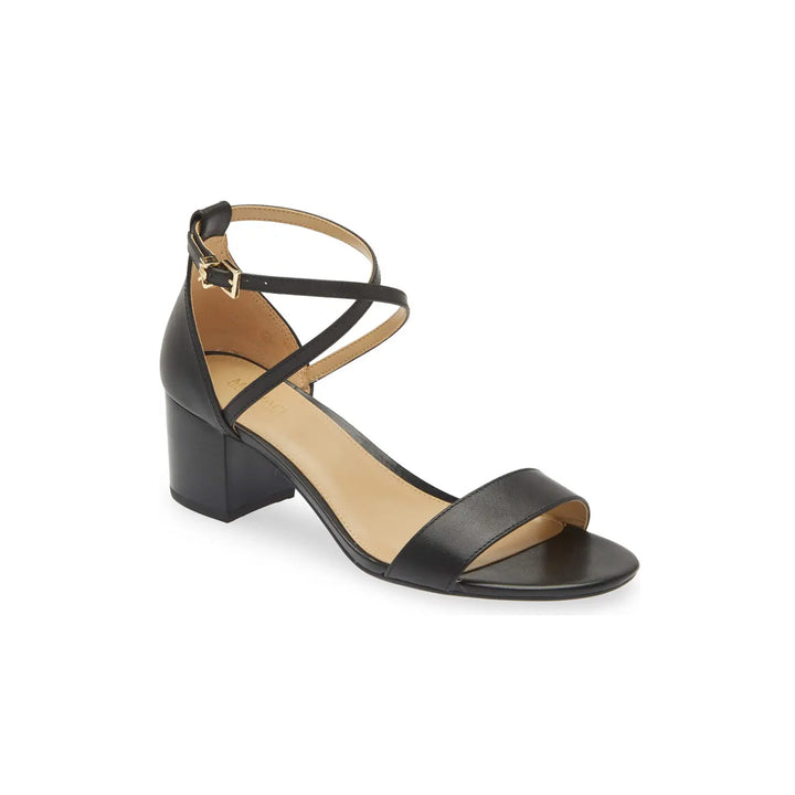 Front angled view of WOMEN'S MICHAEL KORS SERENA BLACK SANDAL