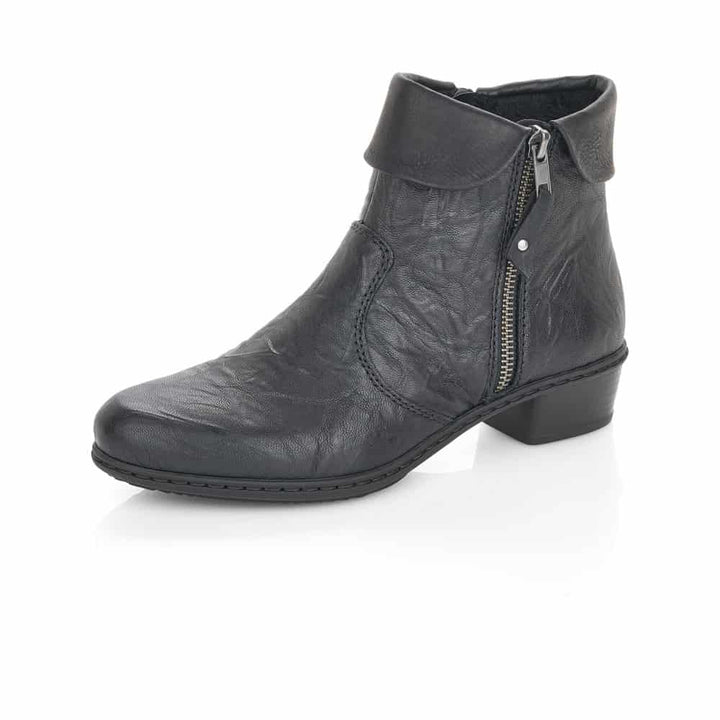 Front/Side view of Women's Rieker Black Boot  - Available at Omars Shoes, Aurora, Newmarket Ontario Canada 